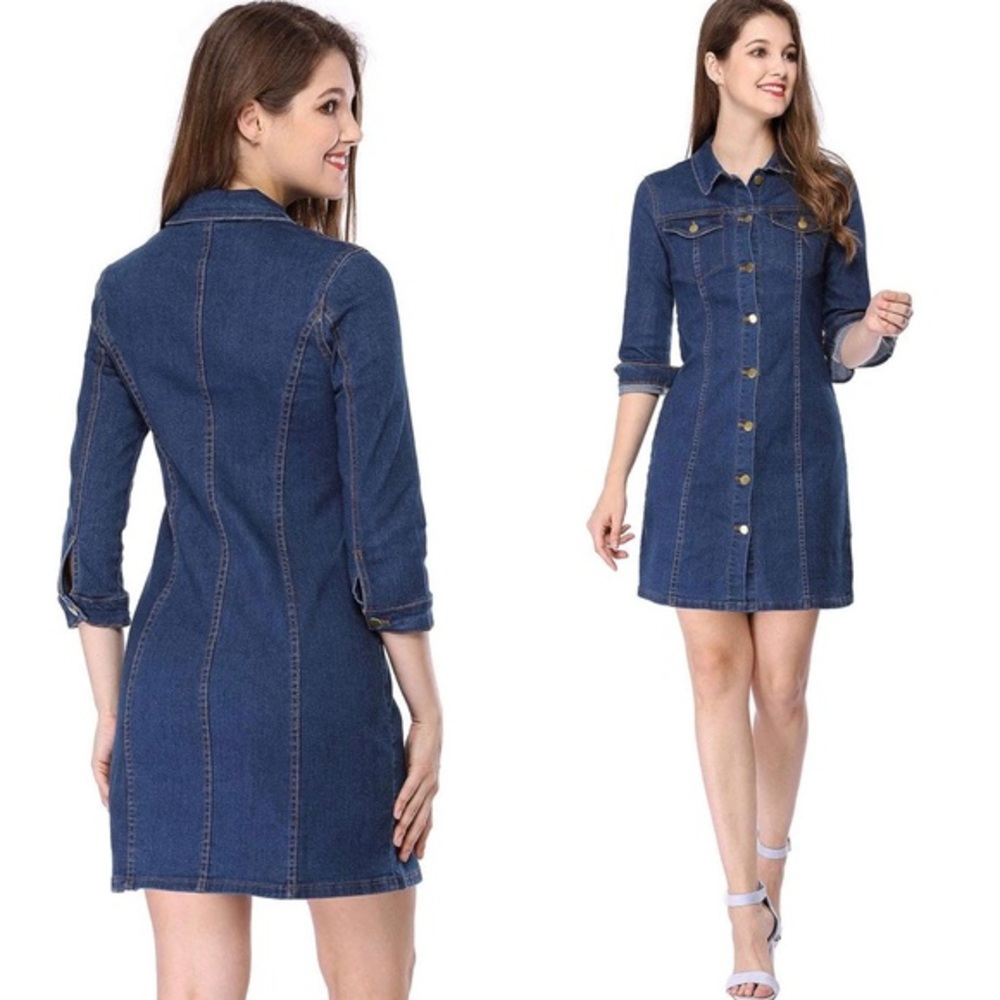 Allegra K Women's 3/4 Sleeve Button Down Denim Shirt Dress Size Small NWT